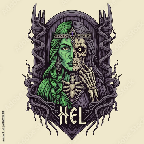 Dual-faced goddess Hel, Norse mythology, skull, green skin, intricate design.