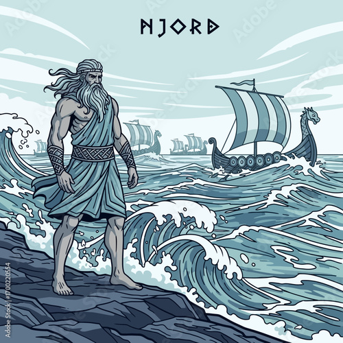 A stylized illustration of the Norse god Njord standing before a fleet of Viking ships sailing on the ocean.