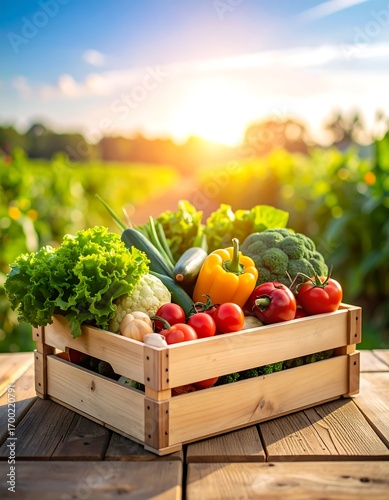 Fresh vegetables in a wooden crate, vibrant colors