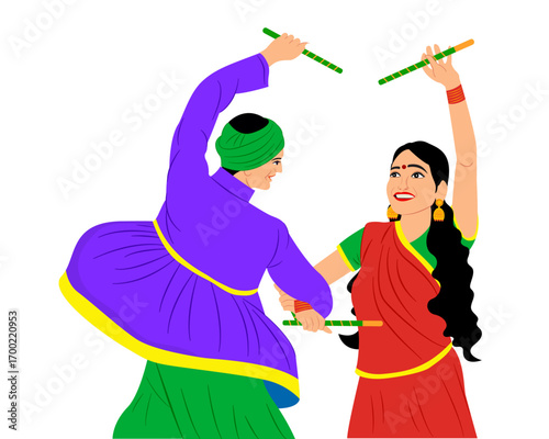 vector illustration of couple playing dandiya at garba night happy durga puja and navratri festival celebration