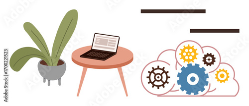 Laptop on round desk, green potted plant, cloud with colorful gears. Ideal for workflow, innovation, productivity, remote work, teamwork technology modern workspace. Simple flat metaphor