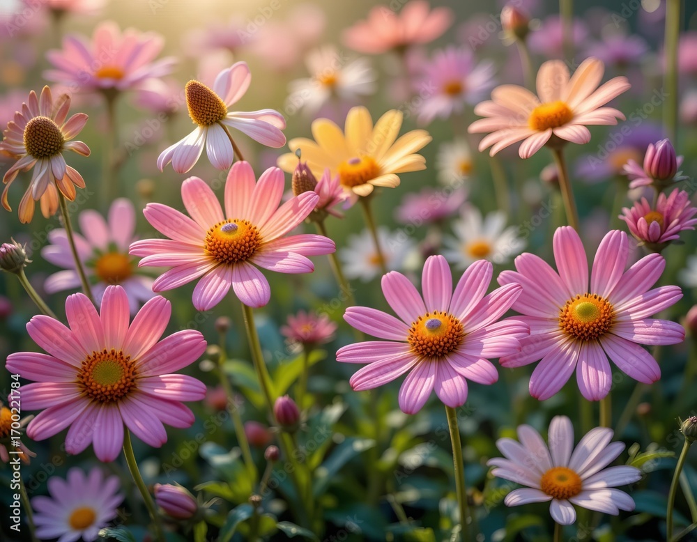 Fototapeta premium Vibrant field of cheerful daisies bathed in warm golden sunlight
