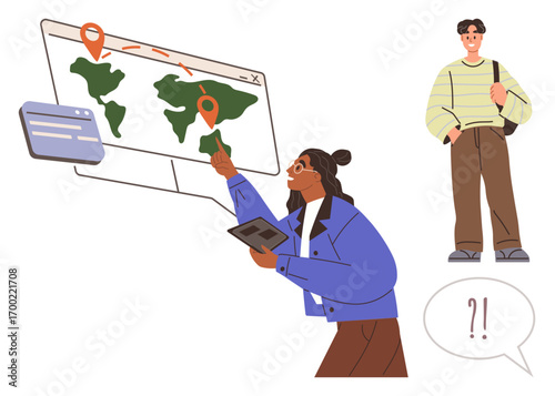 Woman points at map on digital interface with tablet in hand, exploring locations. Young man observes, puzzled. Ideal for travel, research, navigation, education, technology exploration teamwork