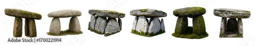 Ancient stone dolmen structures set including weathered, mossy, and stratified rock variations isolated. Prehistoric monument and fantasy design elements.