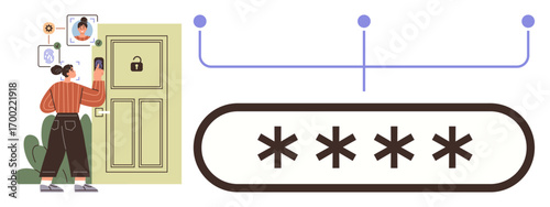 Woman unlocking a door using facial recognition and passcode input. Ideal for security, technology, authentication, privacy, access control, innovation, smart home systems. Simple flat metaphor