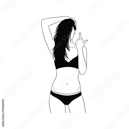Woman in Bikini Giving the Middle Finger  Line Art Illustration Black and White  Rebellious Female Strong Pose