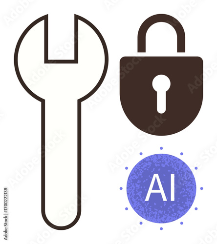 Wrench for tool functionality, lock for security, and AI text in circle for technology emphasis. Ideal for automation, cybersecurity, repair, innovation, digital transformation, software simple flat