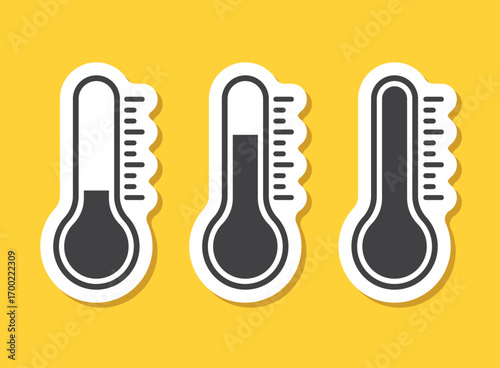 Thermometer sticker icon set in flat style. Climate control vector illustration on isolated background. Weather change sign business concept.