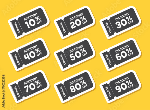 Gift voucher sticker icon set in flat style. Discount 10-90 percent vector illustration on isolated background. Promotion coupon sign business concept.