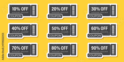 Gift voucher sticker icon set in flat style. Discount 10-90 percent vector illustration on isolated background. Promotion coupon sign business concept.