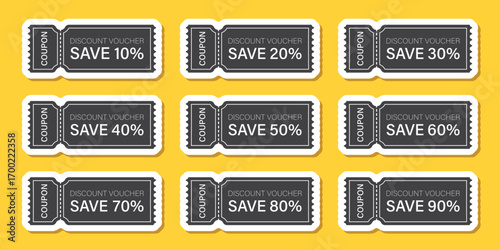 Gift voucher sticker icon set in flat style. Discount 10-90 percent vector illustration on isolated background. Promotion coupon sign business concept.