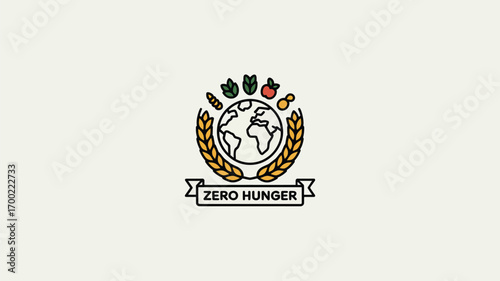 Illustration of earth surrounded by wheat and vegetables with zero hunger text on a banner below