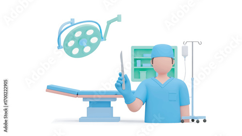 Surgeon in blue scrubs holding scalpel in operating room with surgical lights and medical equipment, symbolizing modern healthcare and medical procedures.
