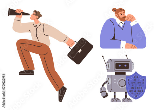 Man with briefcase using telescope symbolizes leadership, focus. Thoughtful thinker represents strategy. Robot with binary shield highlights AI and cybersecurity. Ideal for leadership, innovation