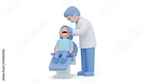 Dentist examines young patient's teeth in modern clinic, ensuring oral health and hygiene with professional care, creating a sense of trust and wellbeing.