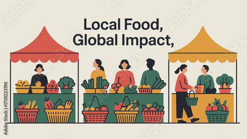 Illustration of a local food market with vendors and customers under colorful tents selling produce