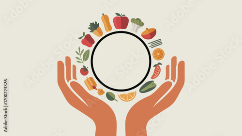 Hands holding a circle of fruits and vegetables representing healthy eating and organic food choices