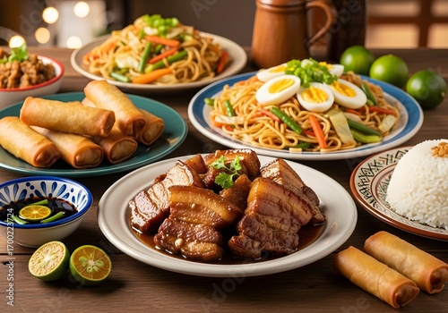 Delicious filipino feast featuring pancit palabok pork adobo and lumpia shanghai on a wooden table