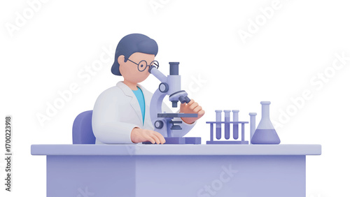 Scientist examines sample through microscope in laboratory, conducting research with test tubes and flasks on desk, showcasing scientific discovery.