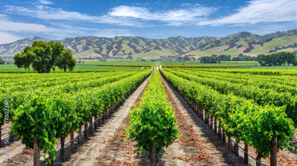 Fototapeta premium vineyard. Serene vineyard landscape with orderly grapevine rows under natural sunlight, evoking tranquility and growth. travel magazines.