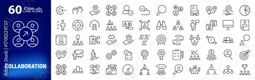 Team collaboration line icon set. Teamwork, handshake, partnership, partners, meeting, cooperation, support, society, friendship, group, communication icons vector illustration. Pixel perfect stock.