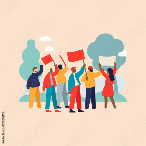 Stop war protest, anti war movement, peace message, human rights, flat vector, cad drawing, group protest, unity illustration. people with banners No war. Anti War demonstration
