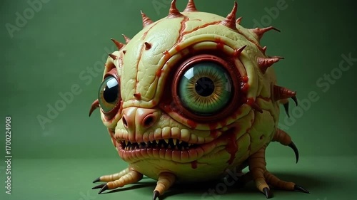 Grotesque creature with large, expressive eyes and spiky skin, a bizarre and unsettling character.