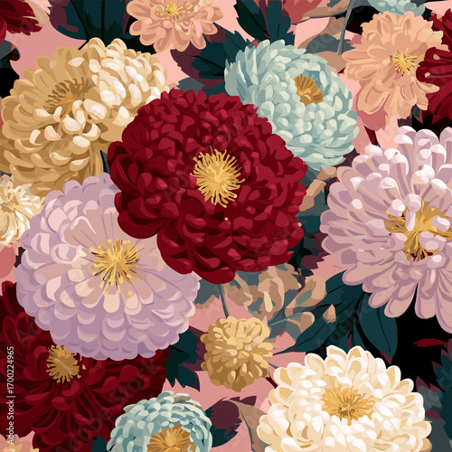 Oriental vintage flower textile design in rich red and ivory tones