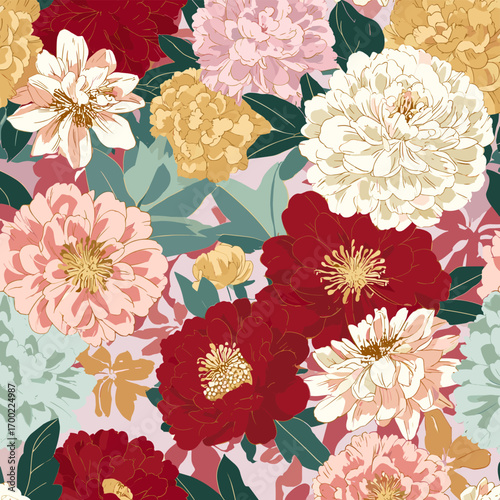 Oriental vintage flower textile design in rich red and ivory tones