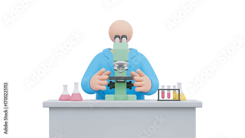 Scientist examines sample through microscope in laboratory, conducting research with test tubes and flasks on the table, representing scientific discovery.