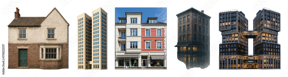 Fototapeta premium Architectural building set including historical house, modern high-rises, and urban structures isolated. Cityscape and real estate elements.