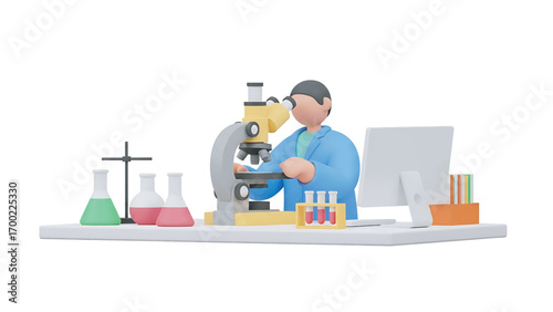 Scientist examines samples under microscope in laboratory, conducting research with test tubes and computer, showcasing scientific discovery.