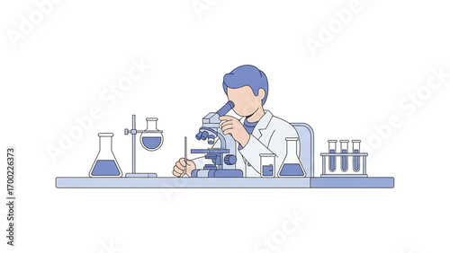 Scientist in white coat examines sample under microscope in laboratory, conducting research with test tubes and beakers, showcasing scientific discovery.