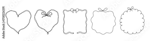 Set of elegant whimsical hand drawn frames with wavy squiggle curly ribbon and bow in trendy, vintage retro styles. Perfect for wedding, birthday or party invitations or greeting card decor