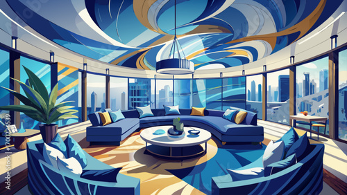 Exquisite 360-degree panoramic view of a modern European penthouse, highlighting navy blue modular sofas, expansive floor-to-ceiling windows, brushed steel accents, and abstract art pieces, blending u