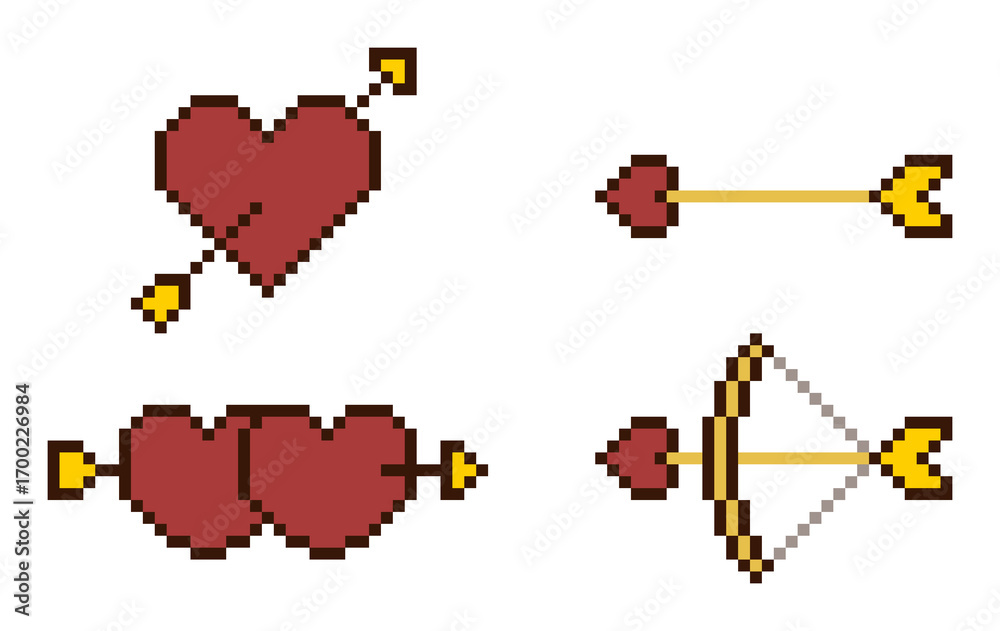 Fototapeta premium 8-bit pixel art Cupid red heart and arrow set with romantic theme