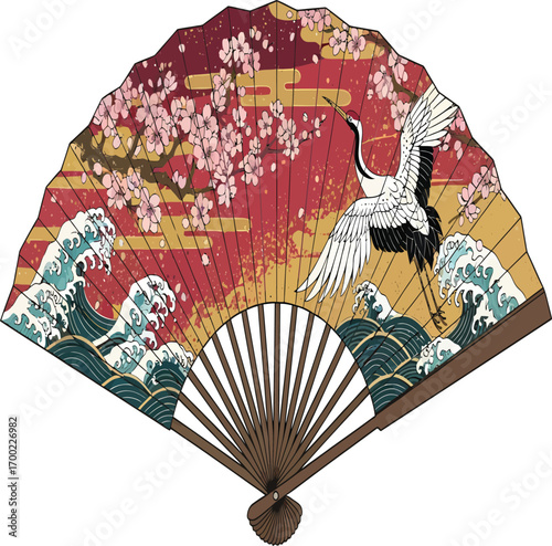 vector, illustration, traditional Japanese fan with cherry blossom design (伝統的な扇子)