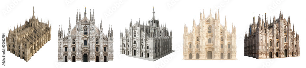 Naklejka premium Duomo di Milano set including frontal, side, and isometric views isolated. Historic Italian Gothic cathedral landmark.
