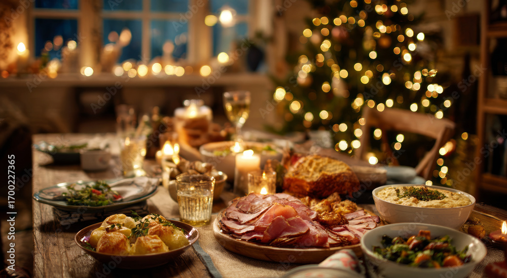 Fototapeta premium Warm festive christmas dinner table with food for holiday celebration
