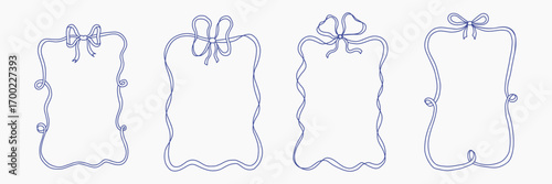 Set of elegant whimsical hand drawn blue color frames with wavy squiggle curly ribbon and bow in trendy, vintage retro styles. Perfect for wedding, birthday or party invitations or greeting card decor