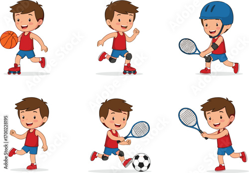 PrintCartoon boy playing different sports activities including soccer, tennis, basketball, skating, and running wearing sportswear and safety gear.