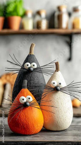 Quirky guardians of autumn -pumpkin crafted into a wide-eyed cat with playful whiskers, standing watch in whimsical Halloween humor.