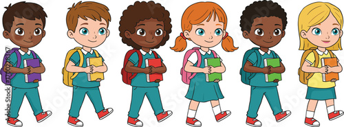 PrintCartoon children in teal school uniforms walking with backpacks and books – diverse students, cheerful learning scene, educational theme, inclusive classroom concept