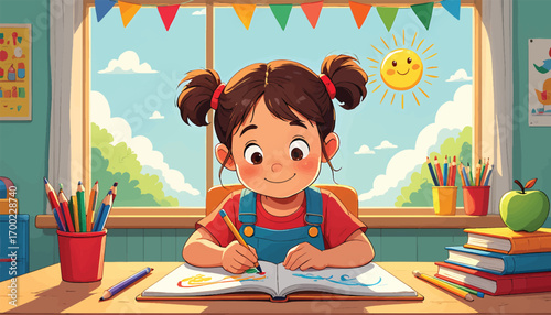 Happy child drawing in a notebook, embodying childhood creativity and education