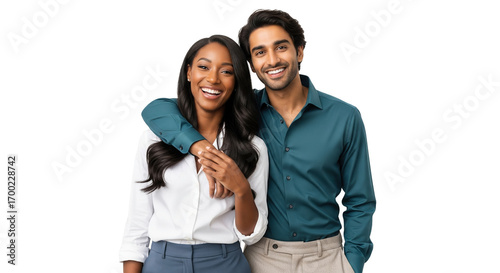 Happy couple isolated, the image portrays an indian man smiling with his over a happy african american lady's shoulder