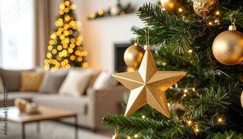 Festive interior shot features a decorated Christmas tree with gold ornaments, a blurred background shows another lit tree, a couch, and fireplace
