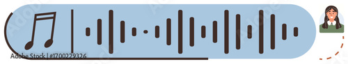 Music note, audio waveform, and virtual assistant avatar suggesting sound processing, technology, and communication. Ideal for music, media, AI, podcasting sound analysis digital interaction