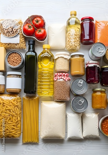 Assorted pantry staples arranged on a white surface for food storage and cooking needs shown here