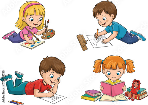 PrintHappy kids reading, drawing, painting, and doing crafts on floor – cute cartoon children involved in fun creative indoor activities
