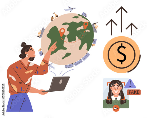 Woman with laptop points at globe with transportation links, currency sign, growth arrows, and fake media alert. Ideal for globalization, networking, business, misinformation, technology finance
